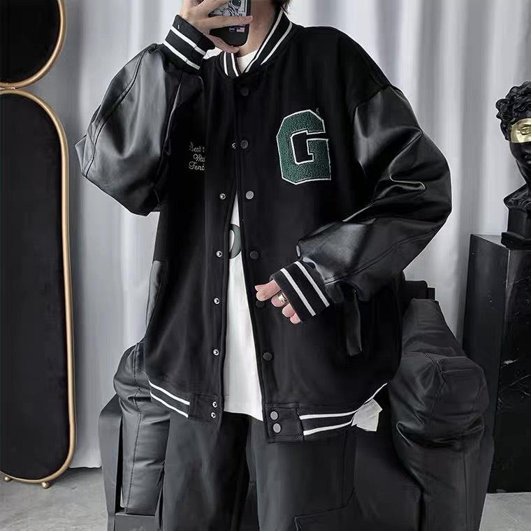 Áo Bomber Unisex Nam Nữ Tay Da Thêu Chữ G Dáng Thụng Cúc Bấm