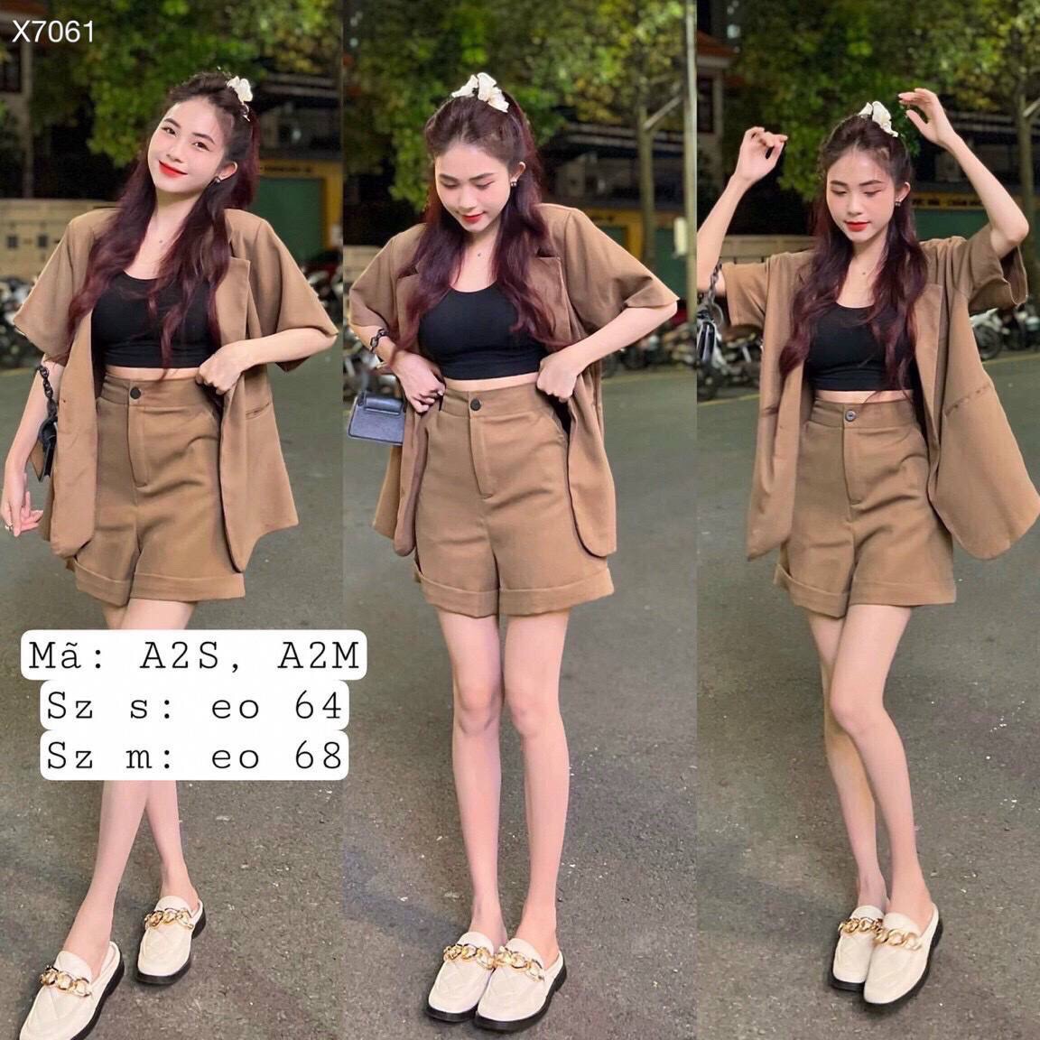 SET ÁO KHOÁC BLAZER TAY NGẮN MÀU TRƠN + QUẦN SHORT NGẮN ỐNG RỘNG LƯNG CAO DẠO PHỐ DỰ TIỆC GIÁNG SINH NOEL