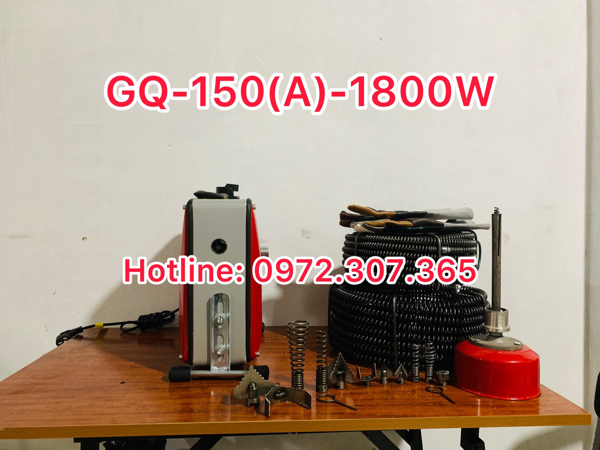 Máy thông tắc cống GQ-150-1800W tặng kèm cuộn dây 22mm dài 15m và cuôn dây 16mm dài 15,2m và 4,5m dây lò xo phi 8mm