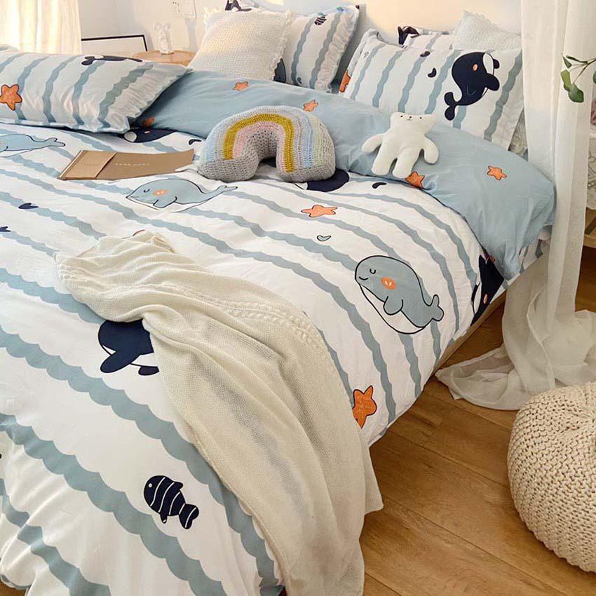 Bộ Chăn Chần Ga Gối Cotton LIDACO SP001182 - Cá Voi Xanh