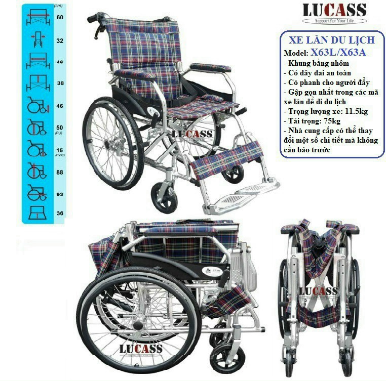 Xe lăn hợp kim nhôm siêu nhẹ cao cấp Lucass X63
