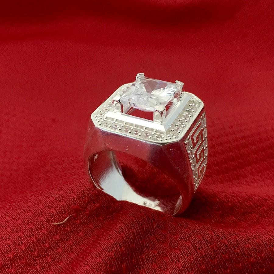 Nhẫn nam Bạc Quang Thản NA32 đá màu trắng hình chữ nhật 100% bạc ta cao cấp không xi mạ