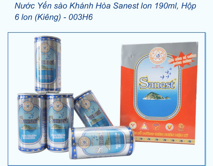 NƯỚC YẾN SÀO KHÁNH HÒA SANEST LON 190ML, HỘP 6 LON KIÊNG ĐƯỜNG