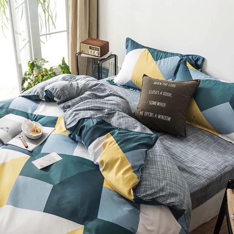 Bộ chăn ga gối Cotton poly M2T bedding Sóng xanh, vỏ chăn mền, drap giường và 2 vỏ gối