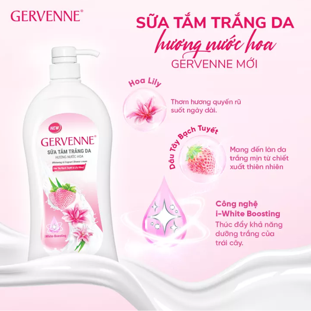 Sữa tắm trắng da hương nước hoa Gervenne Dâu Tây Bạch Tuyết và Lily Hồng (450G/chai)