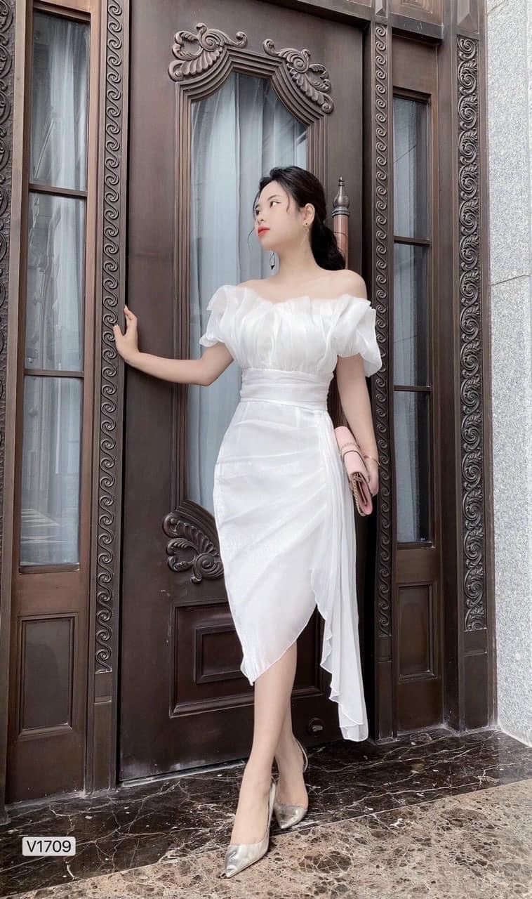 Đầm Dự Tiệc Trễ Vai Phối Voan