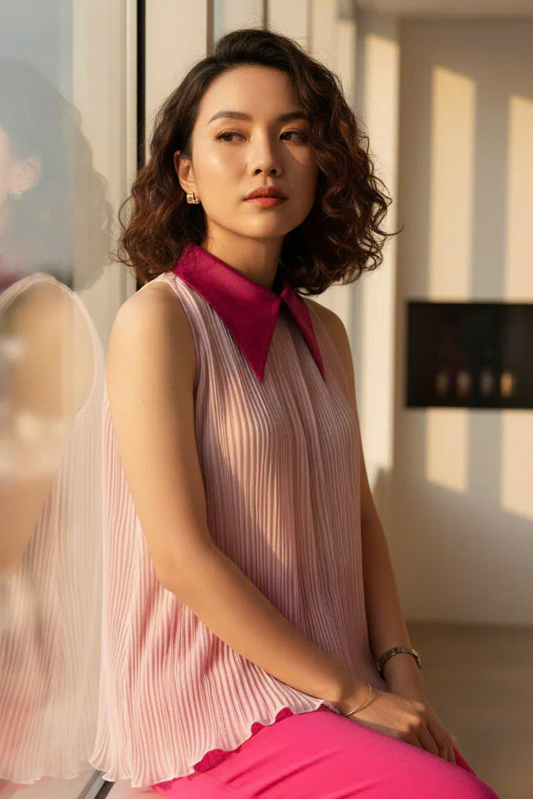 Áo Sơ Mi Vai Yếm Dập Ly, Áo Sát Nách Cổ Sơ Mi Hồng thời trang thiết kế Hity TOP246