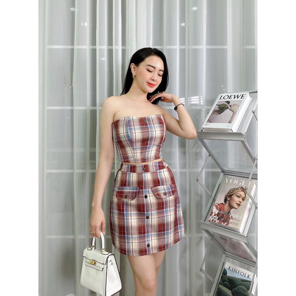 Set áo croptop cúp ngực mix cùng chân váy chữ A sọc caro vải cotton cao cấp - HMN Fashion