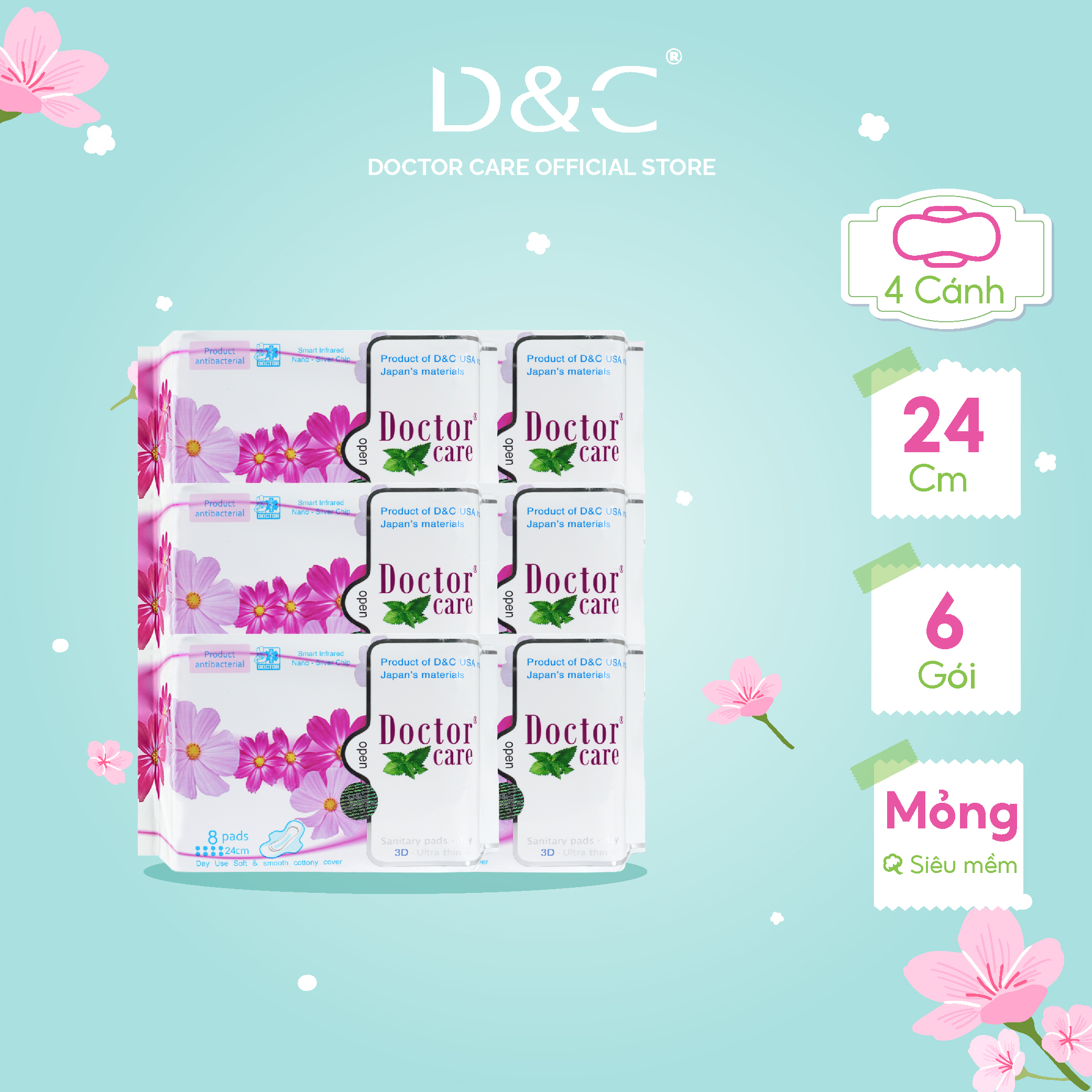 Combo 6 Băng vệ sinh thảo dược Doctor Care, BVS ban ngày 24cm siêu khô thoáng cả ngày dài