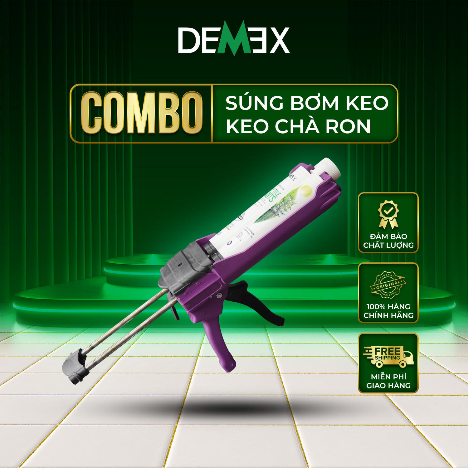 Combo 1 Chai Keo Chà Ron, 1 Súng Bơm Keo Thường Màu Tím - DEMEX