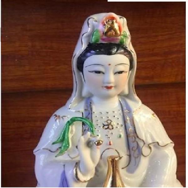 Tượng mẹ Quan Âm tọa sen 20*11cm-áo viền xanh