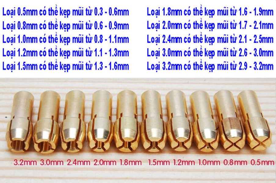 Bộ 10 đầu kẹp mũi khoan, mài khắc mini các cỡ