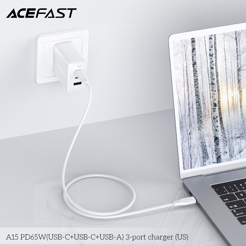 Adapter Sạc Acefast PD 3.0 65W 3 Cổng USB Type-C USB Type-C USB A Chuôi Dẹt US A15 - Hàng Chính Hãng