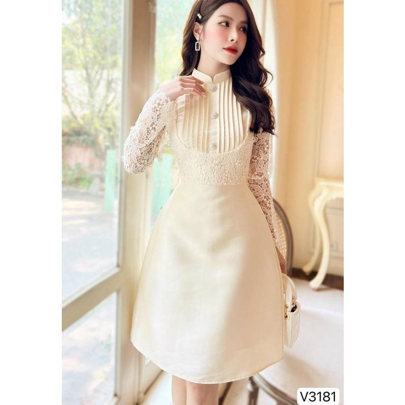 Đầm Thiết Kế Tiểu Vy Dress Chất Liệu Vải Tafta Phối Ren Đính Tag Đá Cao Cấp - Váy Thiết Kế Thanh Lịch Trẻ Trung