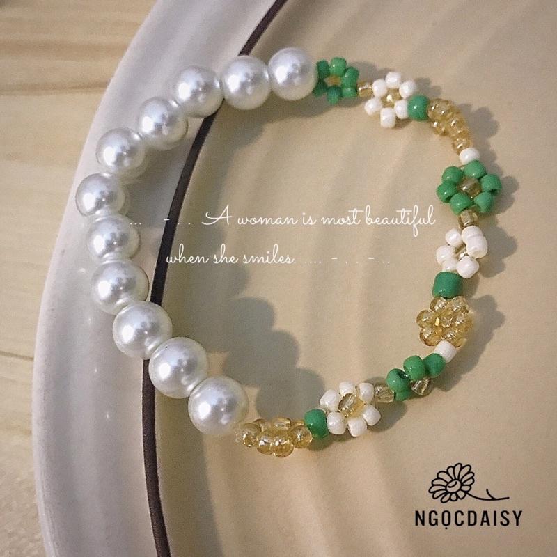 N109 bộ vòng tay , dây chuyền handmade hạt cườm hoa Daisy xanh lá trắng trà xinh xắn