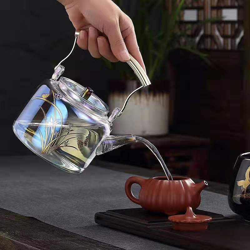 Bình Đun Nước Thủy Tinh Borosilicate Hoa Văn Cao Cấp Đun Bằng Bếp Điện Từ