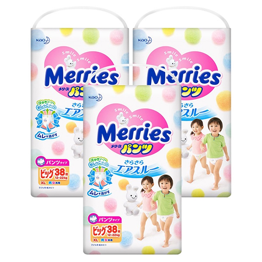 3 Gói Tã Quần Merries Size XL - 38 Miếng (Cho Bé 12 - 22 Kg)