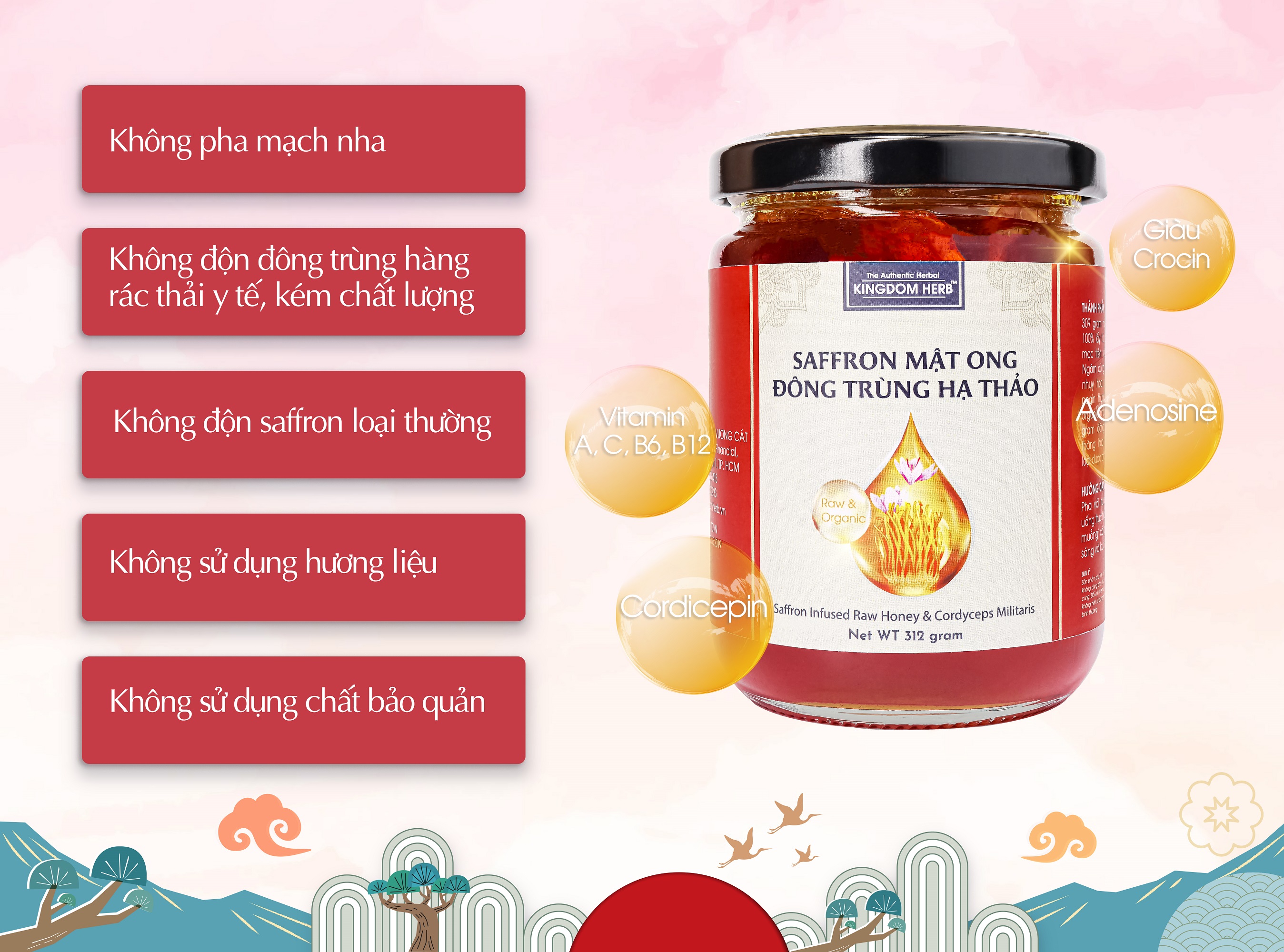 Saffron mật ong đông trùng hạ thảo Kingdom Herb chính hãng thượng hạng hộp 312g (tặng bình thuỷ tinh và cây lấy mật)