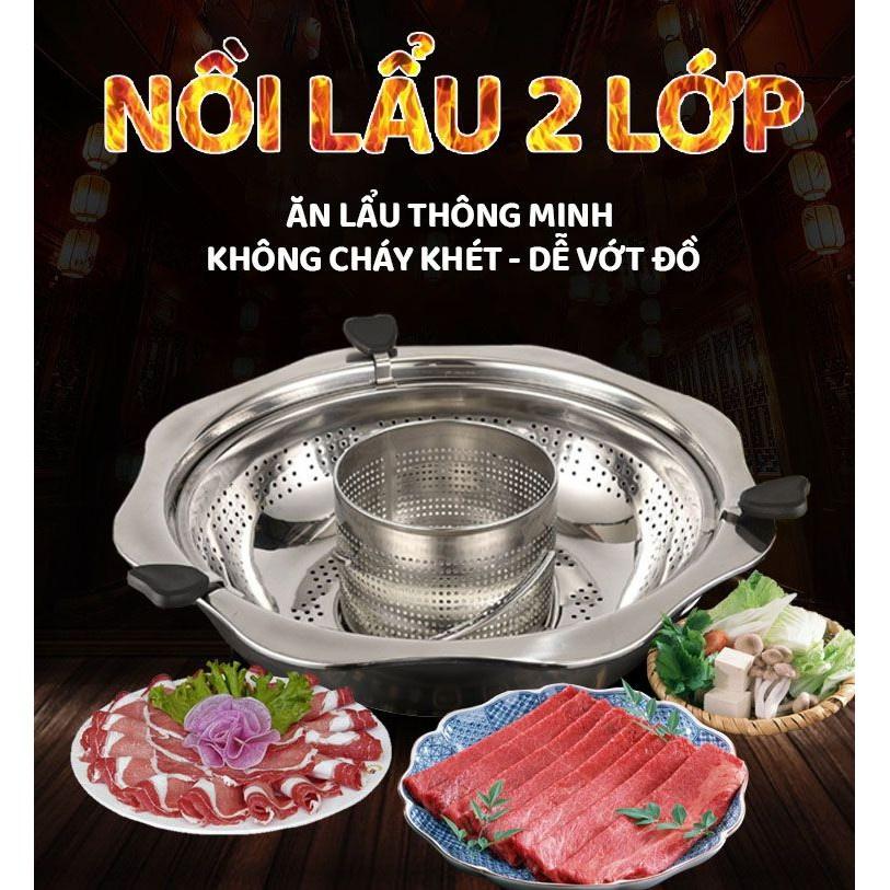 Nồi Lẩu Inox Xoay 2 Tầng Chống Dính, Nồi Lẩu inox 2 Tầng Dùng Cho Mọi Loại bếp