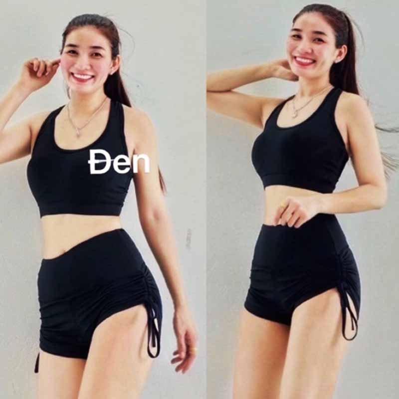 Bộ bra tập gym yoga earobic phối viền bo xiết eo kết hợp quần đùi cho nữ màu Xám Đen sét t