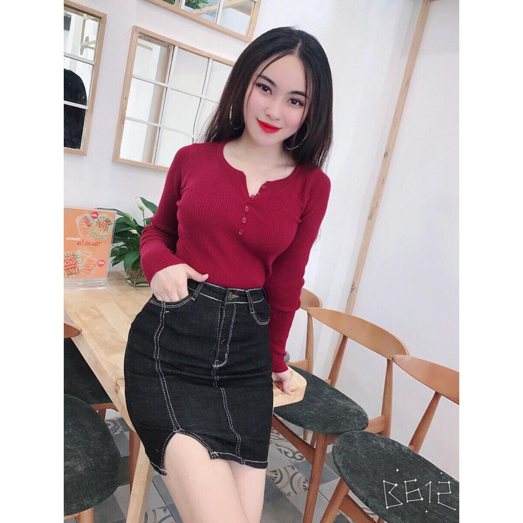 Áo len cổ V cúc ngực