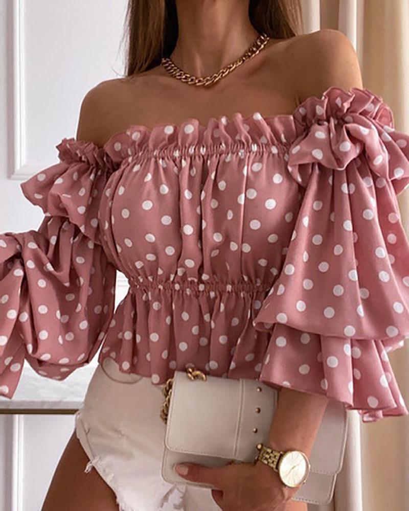 Mùa Hè Nữ Chấm Bi In Hình Lệch Vai Shirred Top 2021 Thanh Lịch Femme Tay Phồng Áo Áo Nữ Trang Phục Y2k Đường May Tỉ
