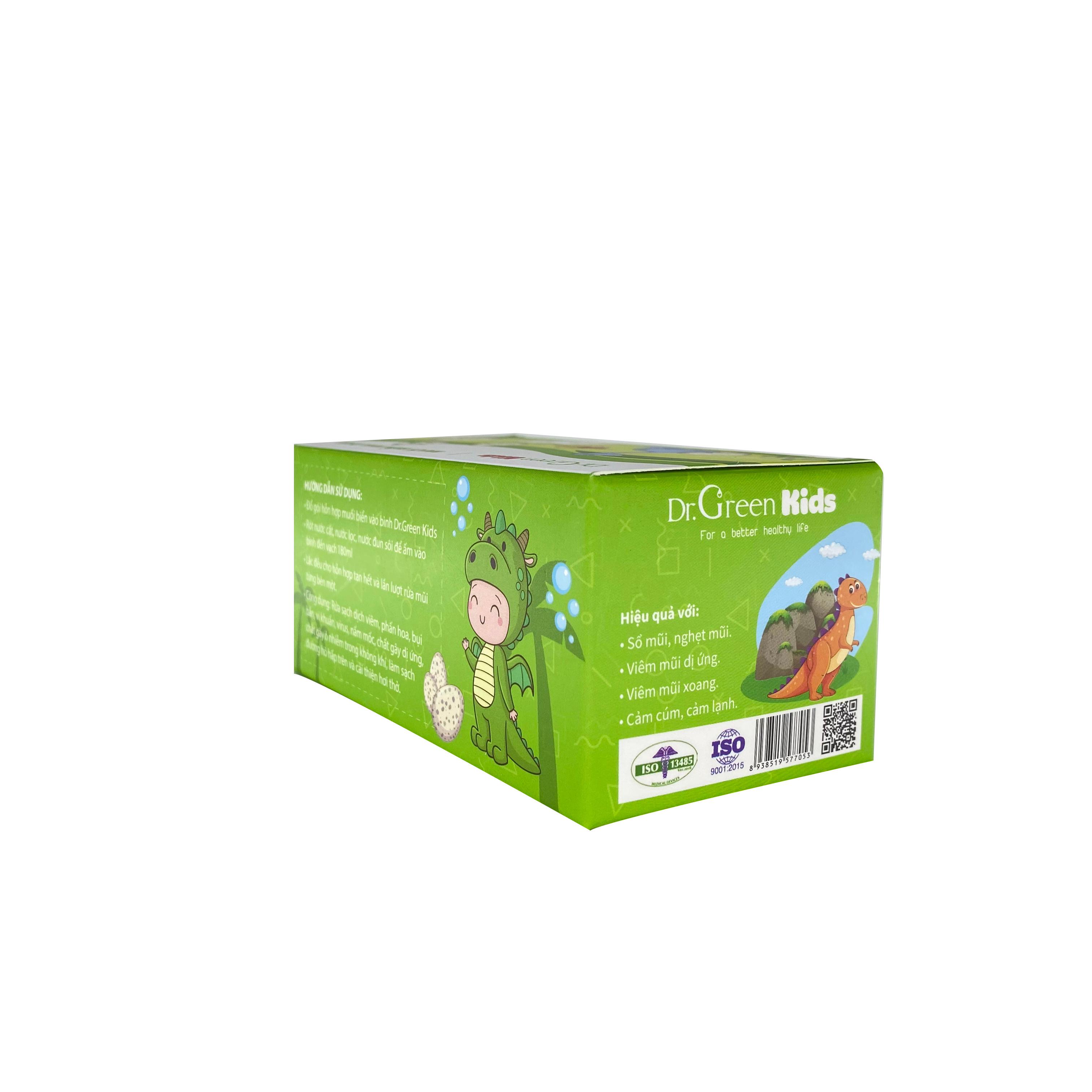 Bình rửa mũi cho trẻ Dr.Green Kids, kèm 30 gói muối rửa mũi, dung tích 180ml, đầu rửa silicon mềm mại, phù hợp rửa mũi với trẻ em