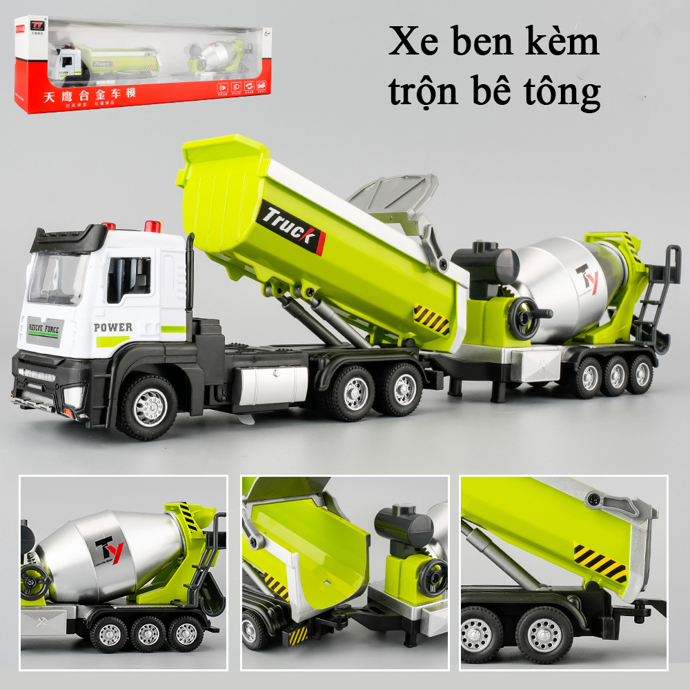 Đồ chơi xe ben hợp kim kèm cẩu xúc trộn bê tông có nhạc và đèn chạy cót dài 32 cm