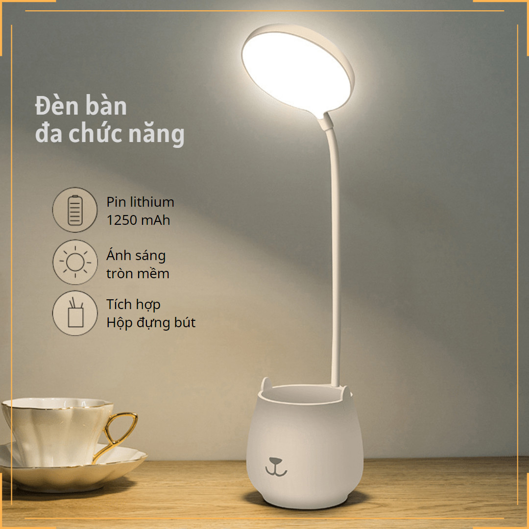 Đèn học để bàn Đựng bút Ánh sáng 3 màu Làm mờ vô cấp Hình tròn