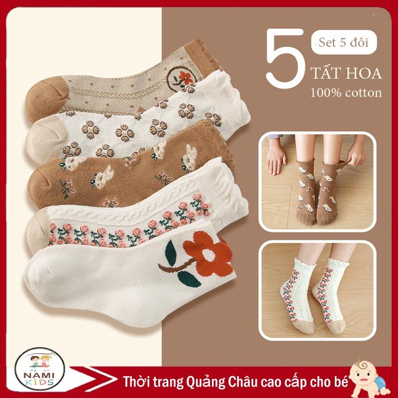 SET 5 ĐÔI tất vớ hoa màu nâu vintage cho bé gái