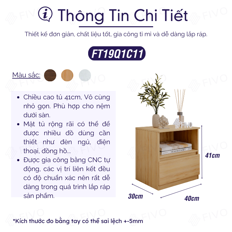 Tủ Đầu Giường Gỗ FIVO FT19 Có Hộc, Ngăn Kéo Cao Cấp, Tay Cầm Thiết Kế Thẩm Mỹ