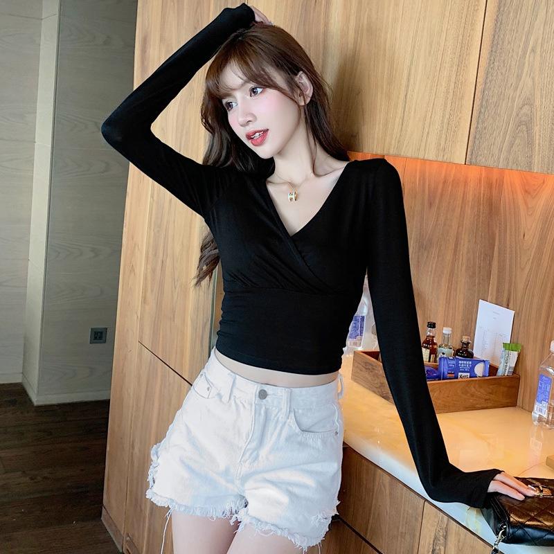 Áo croptop nữ tay dài bigsize 55-90kg kimfashion, Croptop bigsize chéo ngực phong cách Hàn Quốc AT03-D