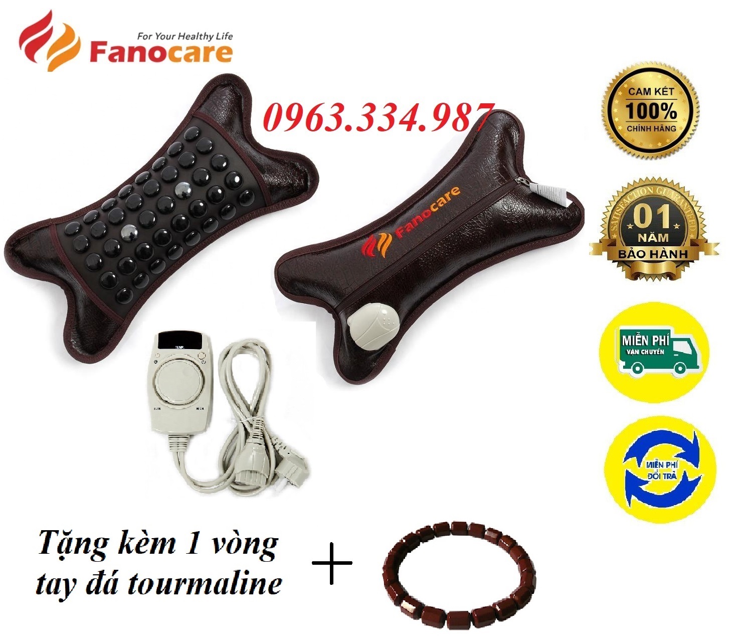 Gối đá nhiệt nóng tourmaline Fanocare kết hợp 2 viên đá từ tính giúp giảm mỏi vai gáy
