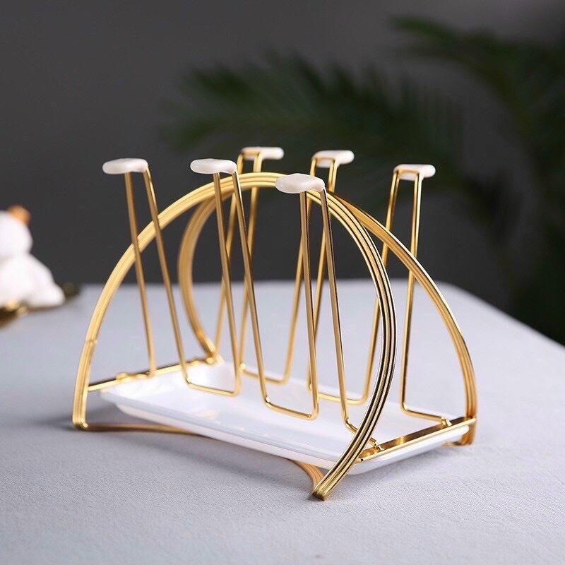 Combo bình đựng nước uống thủy tinh vàng vân sọc kèm khay và giá úp cốc