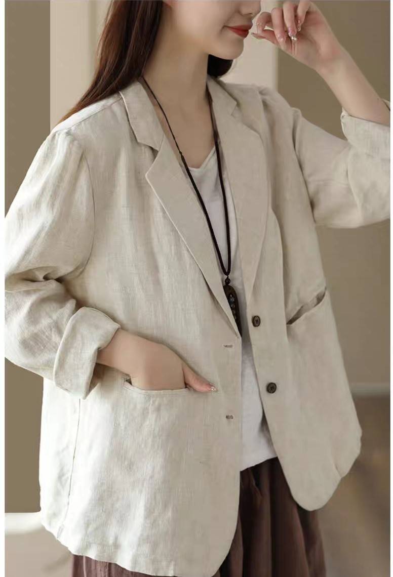 Áo vest blazer khoác nhẹ Linen dài tay  cổ ve vuông phong cách công sở Haint Boutique Bz10