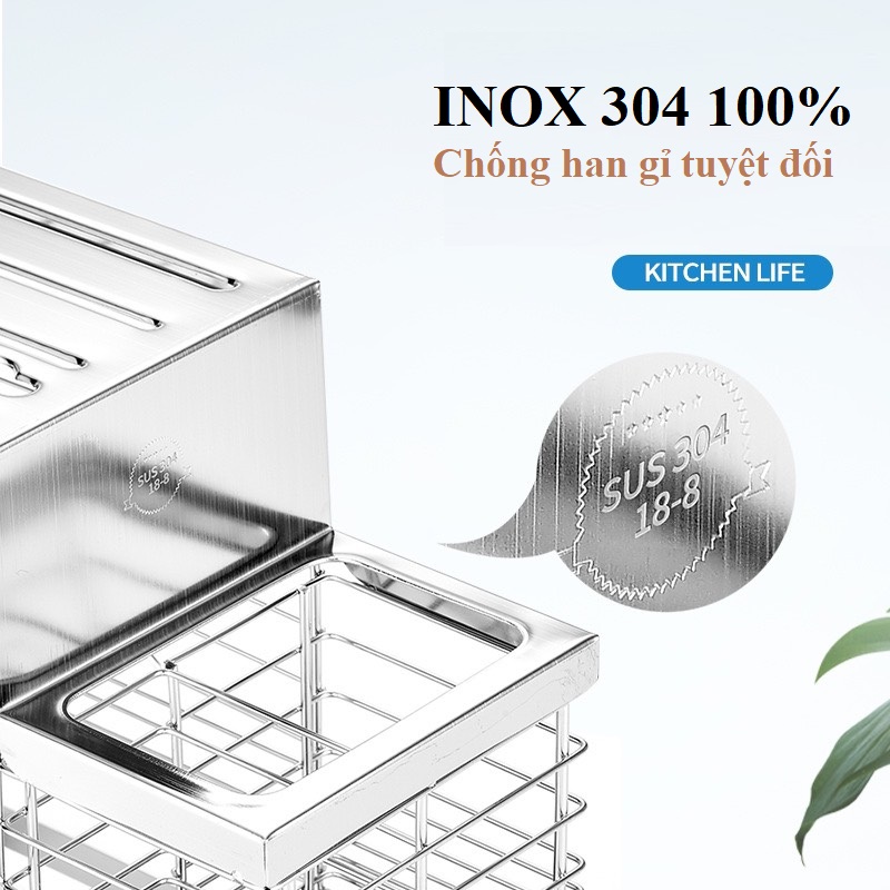 Hình ảnh Kệ Để Dao Kéo Thìa Dĩa Nhà Bếp Kèm Ống Đũa Inox 304 Cao Cấp - Chống Gỉ Sét, Sáng Bóng, Sang Trọng