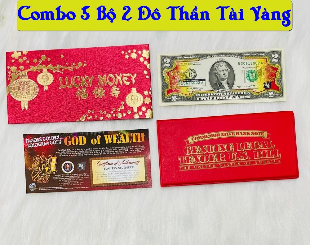 [COMBO 5] Bộ Tiền 2 USD Mạ Vàng Thần Tài làm quà tặng chiêu tài hút lộc siêu chuộng - bao da đỏ may mắn