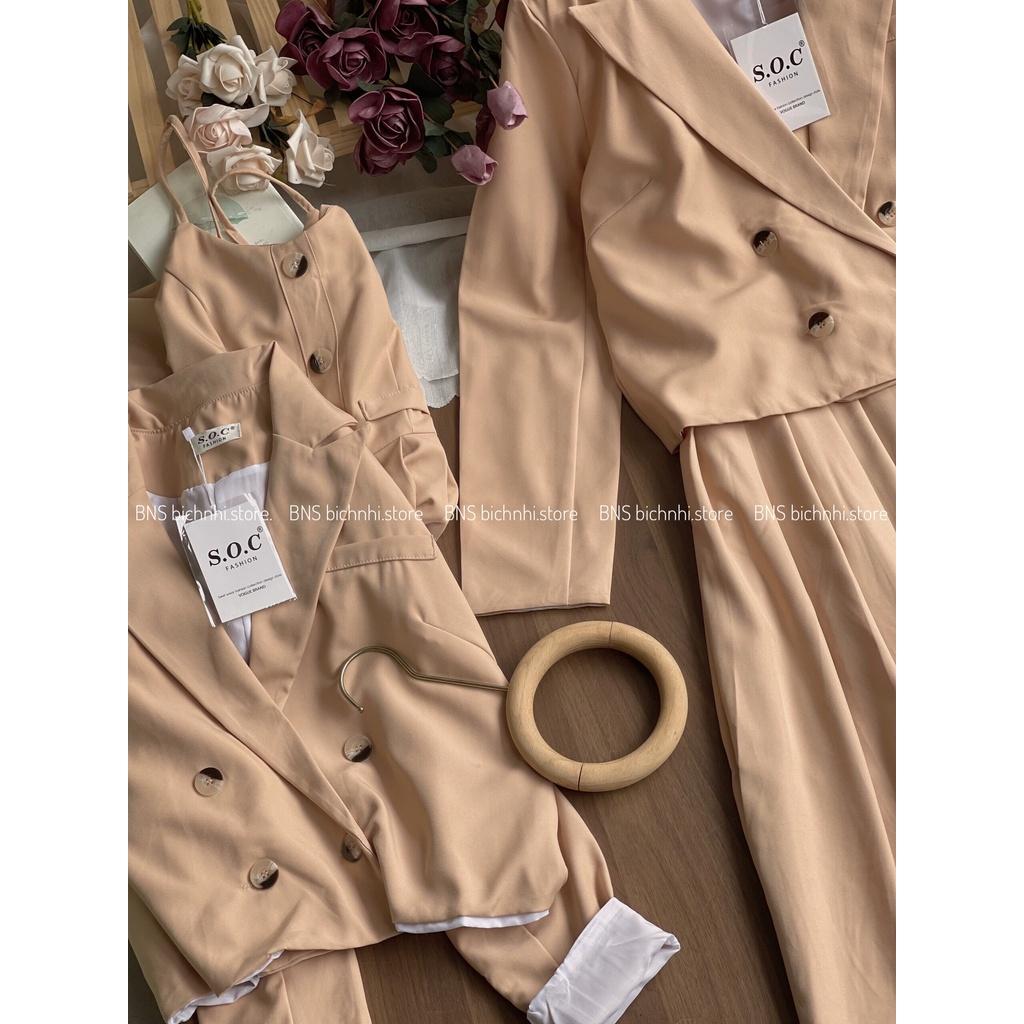 SET ÁO BLAZER & ĐẦM 2 DÂY XẾP LY- Double Breasted Lapel Neck Blazer & Cami Dress BY BNS CARNA SET BNS011V