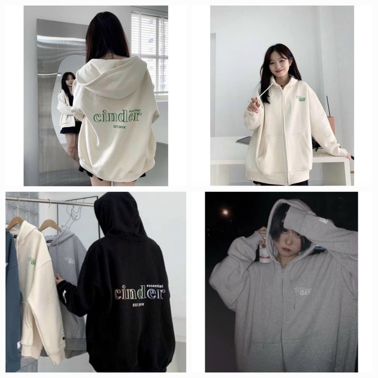 Áo Hoodie Zip Nỉ Bông Cinder Form Unisex Nam Nữ Trùm Đầu