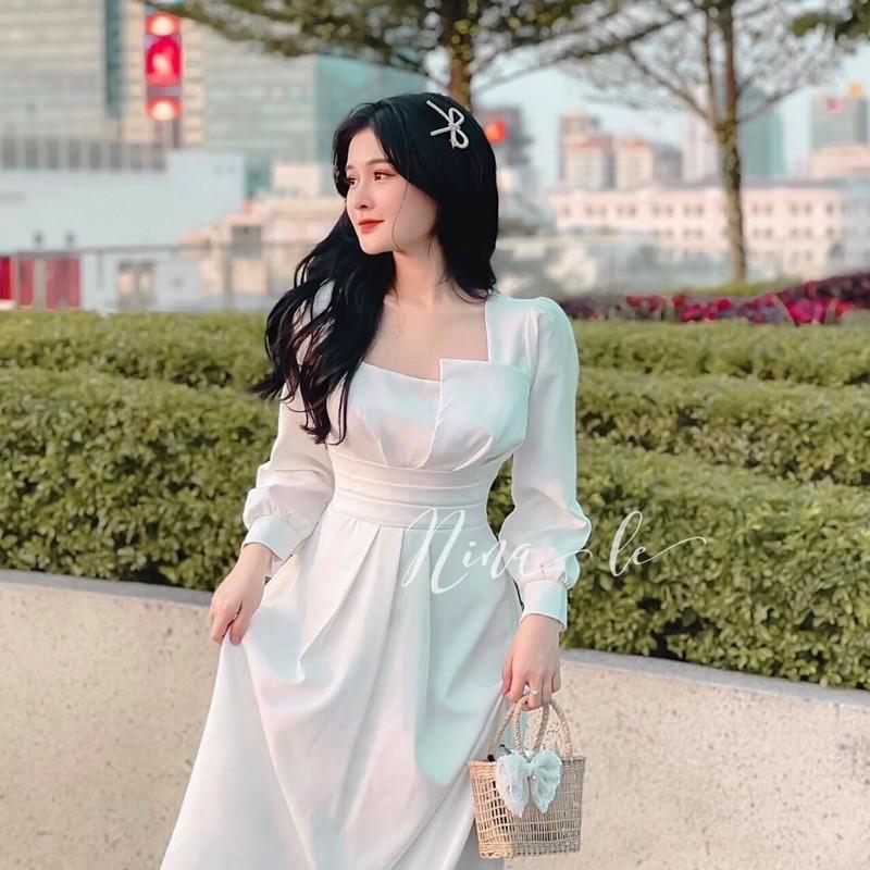Đầm xoè xếp ly cúp ngực tay dài dịu dàng nữ tính
