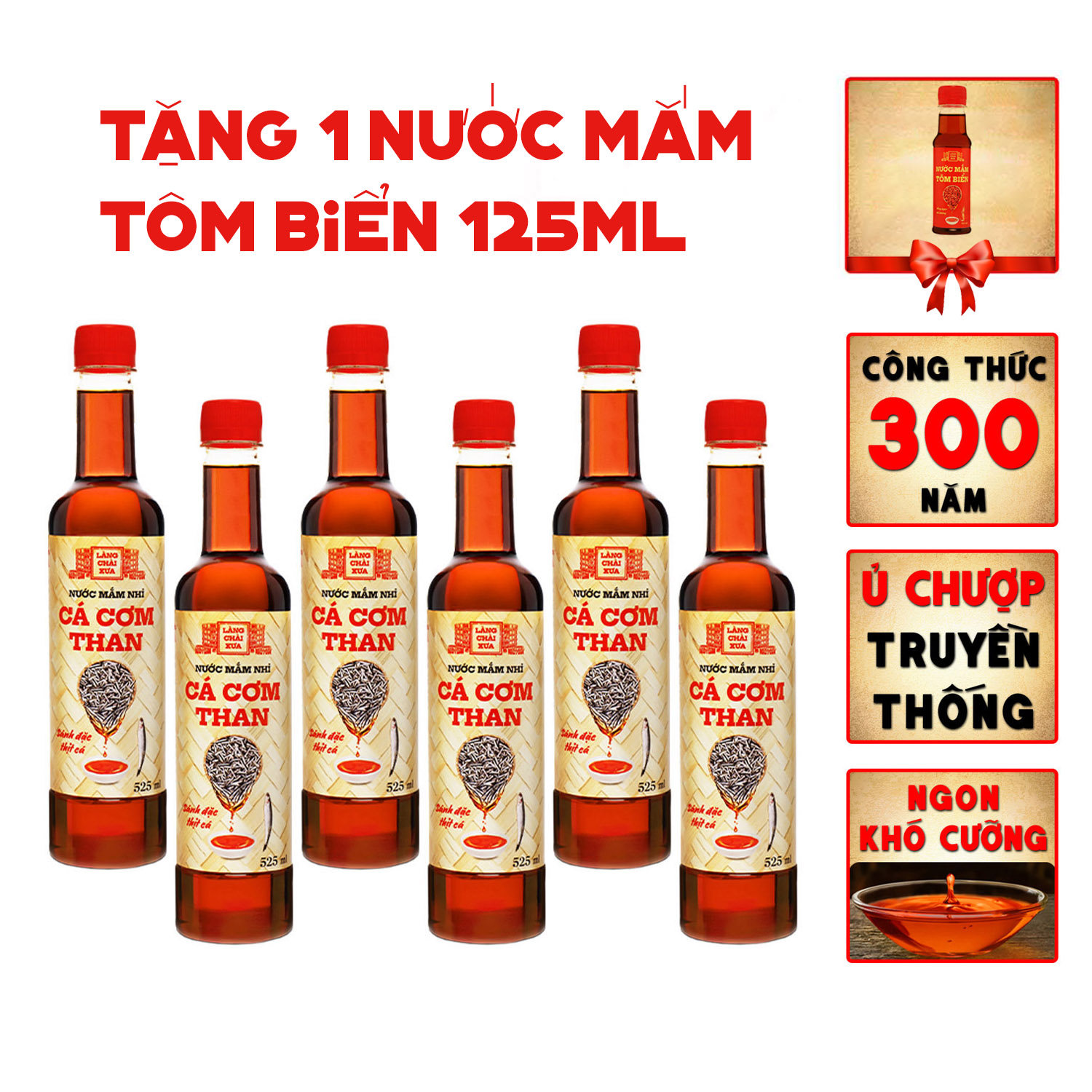Thùng 6 chai nước mắm nhỉ cá cơm than Làng Chài Xưa 525ml/chai sánh đặc thịt cá 300 năm truyền thống