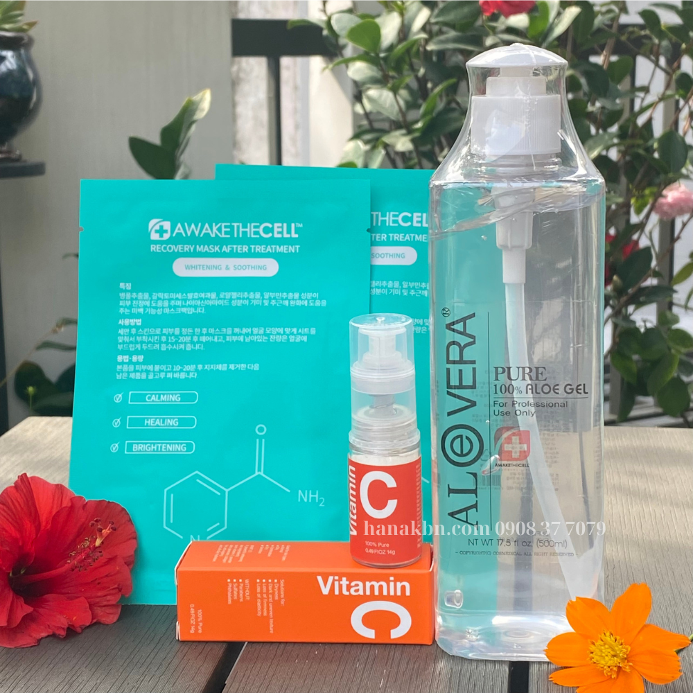 Combo Dưỡng Ẩm Dưỡng Trắng Vitamin C Bột Và Gel Lô Hội Aloevera Tặng 2 Mặt Nạ Soothing