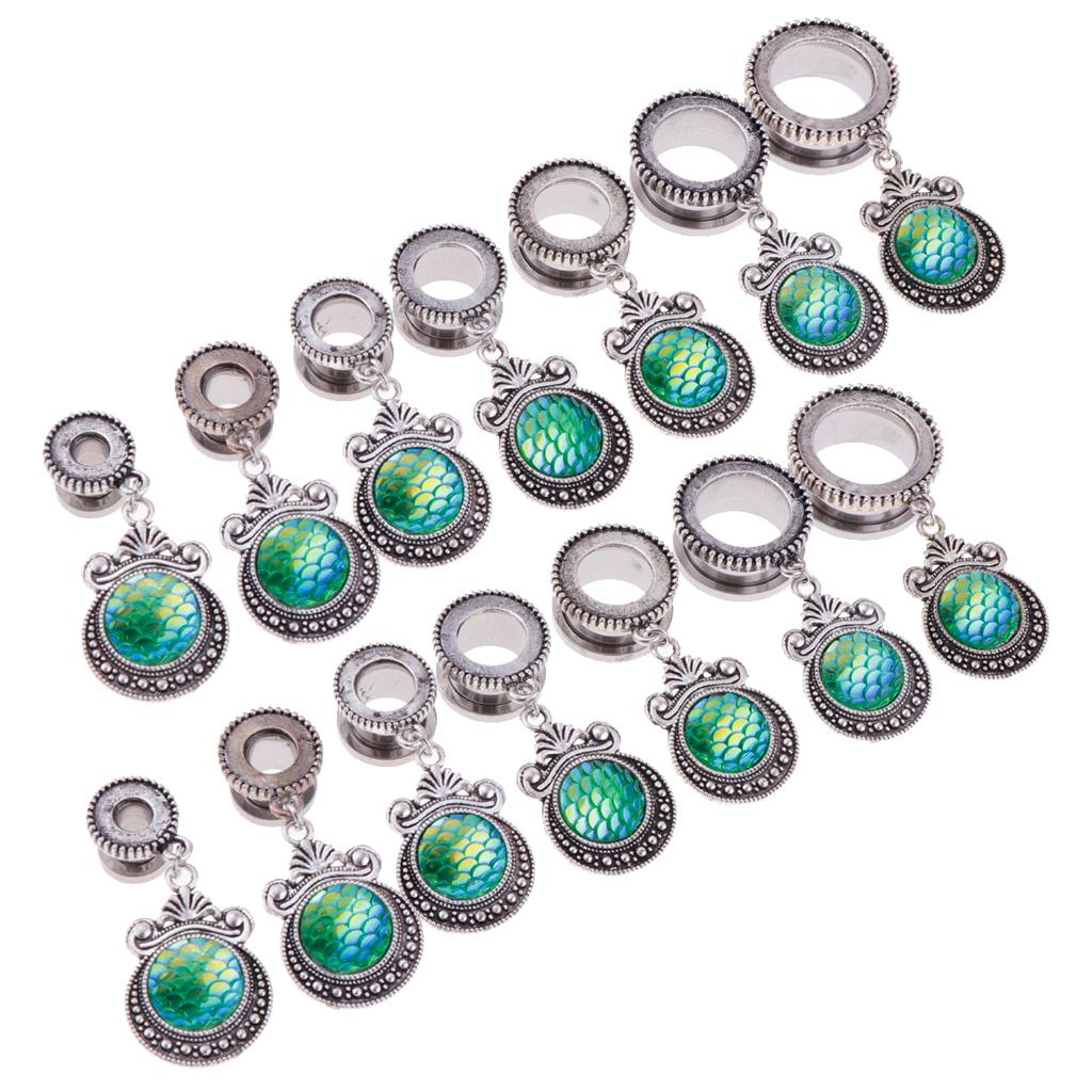 Ear Plugs Tunnel Green Fish Scale Dangle Ear Expander Ear Piercing Jewerly 6mm