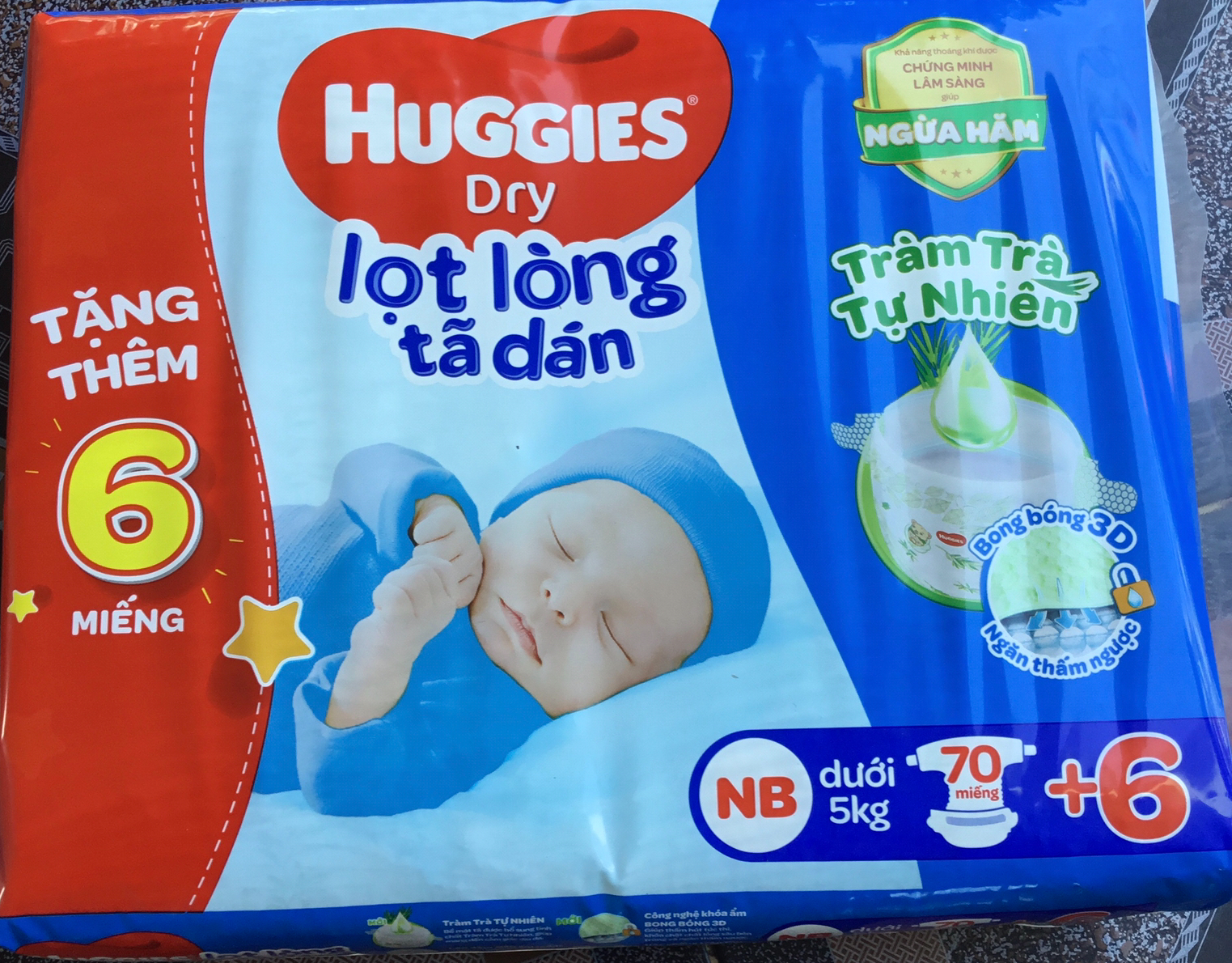 Sỉ-Tặng thêm 6 miếng -Tã Dán Huggies NB70-Tràm Trà Tự Nhiên Ngừa Hăm ( Dưới 5kg)- Date luôn mới