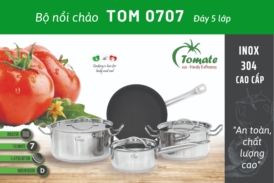 Bộ Nồi Chảo Inox 304 – 7 Món TOM 0707 - Nồi từ - 5 lớp đáy - chảo chống dính - nắp inox