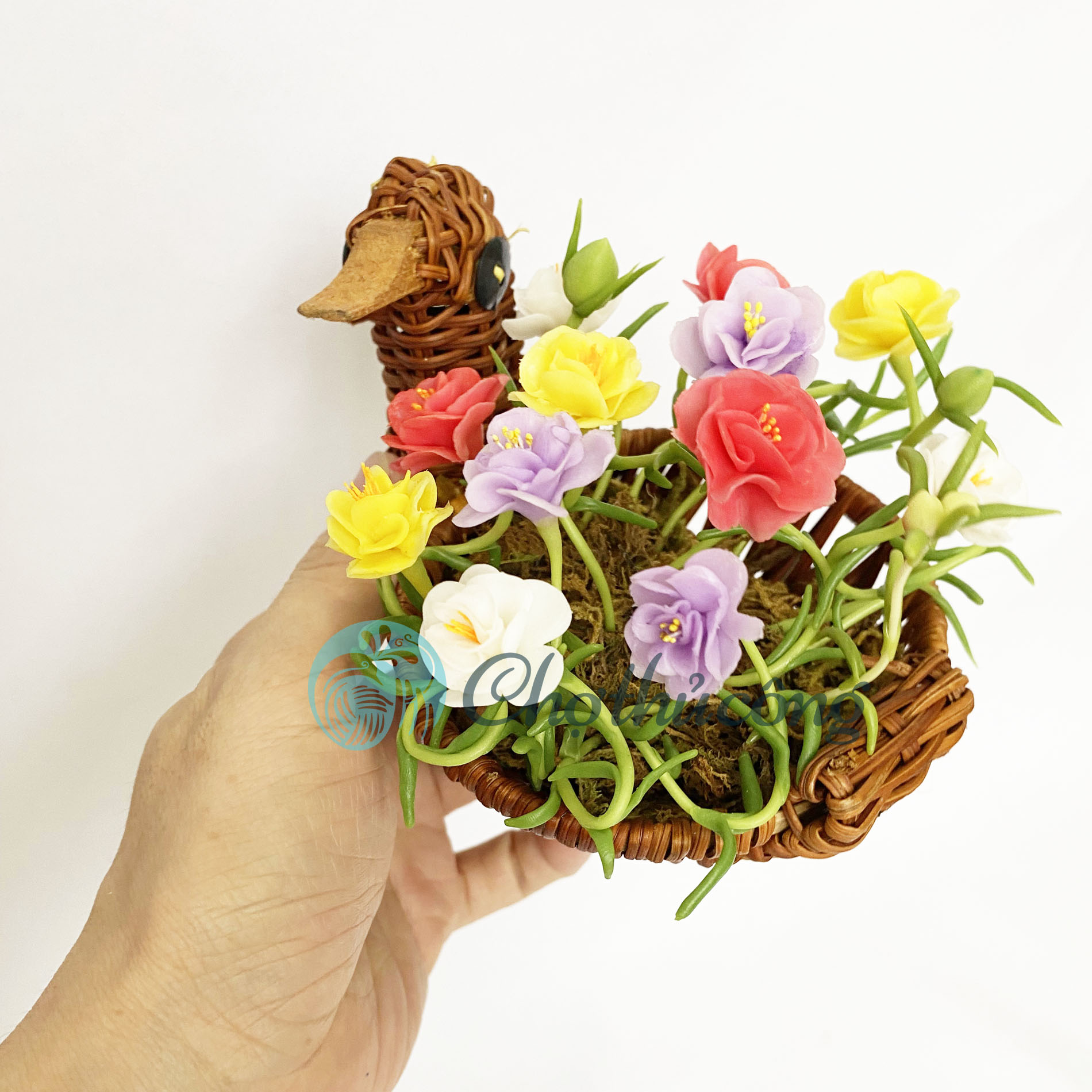 Giỏ hoa mười giờ đất sét mini Nhật Thái kết hợp Giỏ mây tre đan, rổ mây tự nhiên - chậu cây mini hoa handmade - chậu hoa giả để bàn, quà tặng handmade