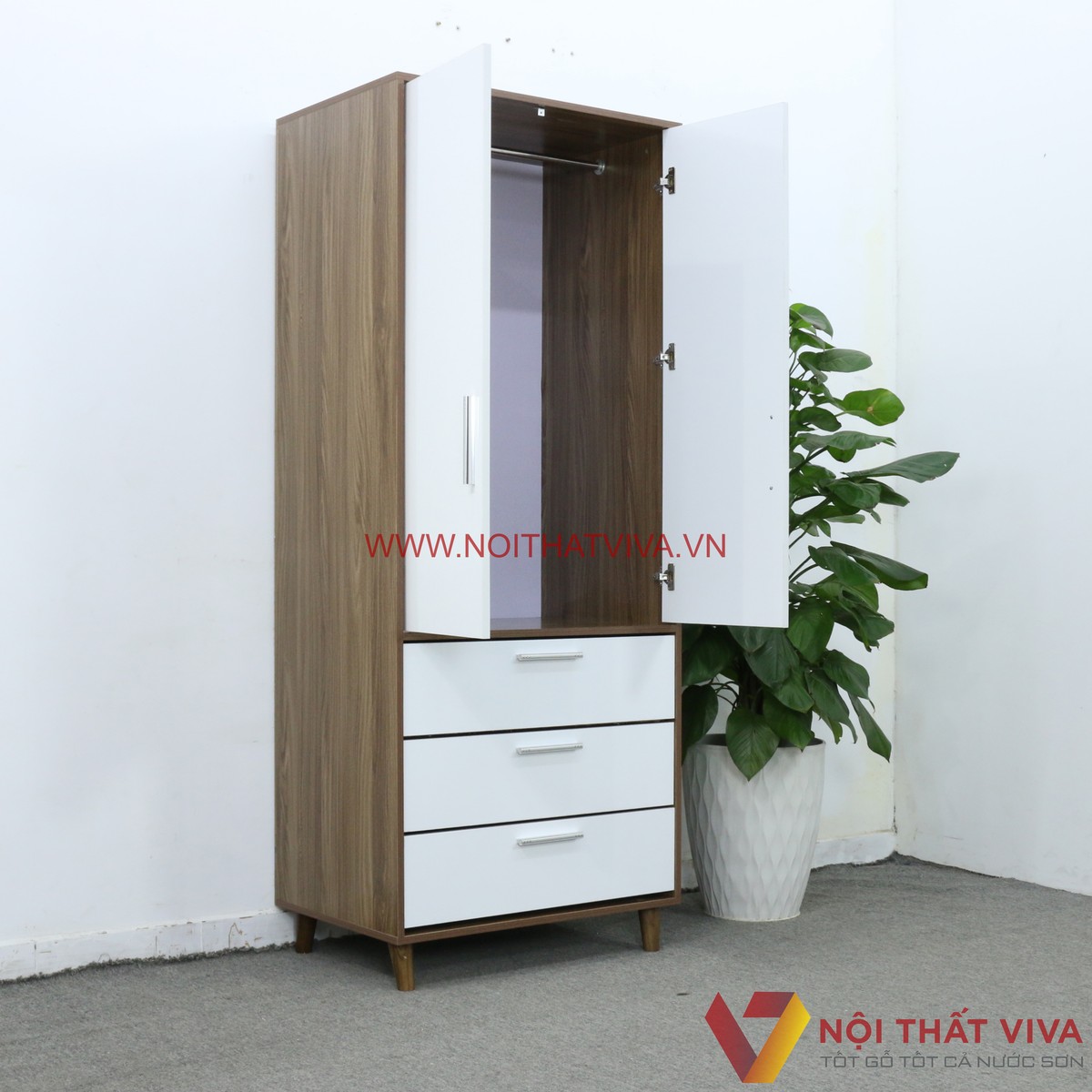 Tủ Mini Đựng Quần Áo Gỗ MDF Có Chân Màu Óc Chó Phối Trắng Đẹp Giá Rẻ