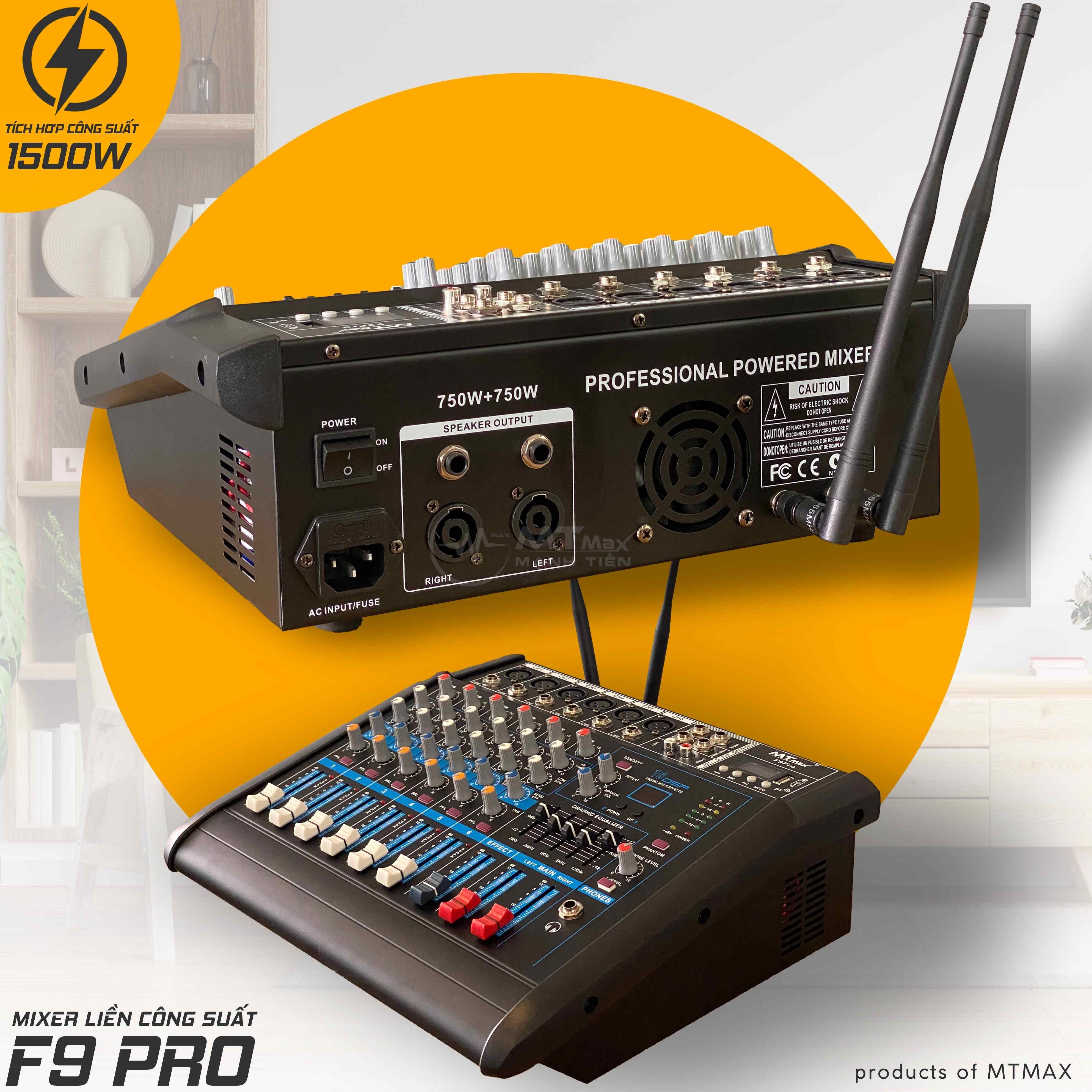 Mixer MTMax F9 Pro liền công xuất chuyên nghiệp tích hợp nhiều chức năng EQ reverb delay echo 16 chế độ kèm 2 micro không dây hàng chính hãng