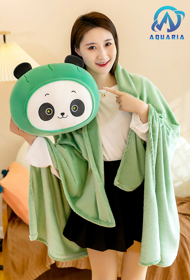 Combo Mền Gối Văn Phòng Đa Năng Tiện Dụng Kèm Chăn 3in1 Gối Đầu Hoặc Ôm Hình Gấu Trúc Mu Xanh Đáng Yêu 35cm