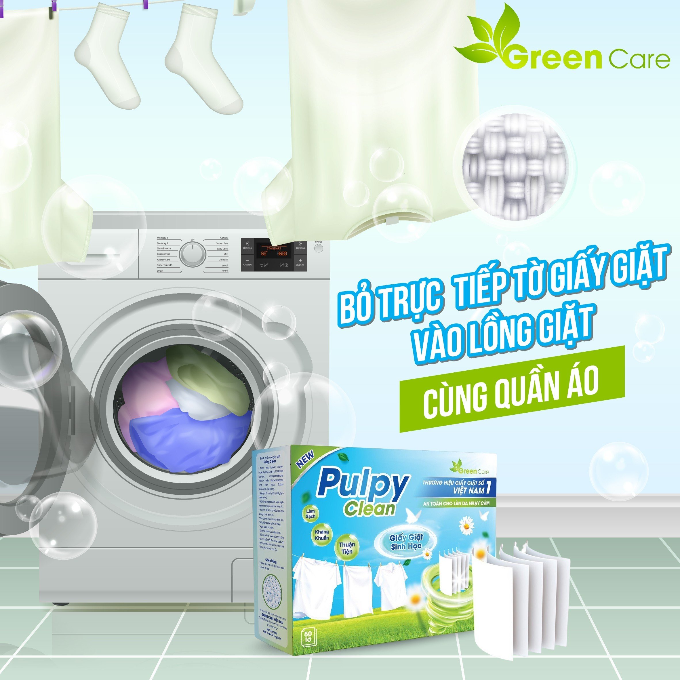 Giấy Giặt Sinh Học Pulpy Clean - 1 hộp 50 miếng, giấy giặt đồ 1 miếng 7 kg đồ thay cho xà phòng rất dễ bảo quản